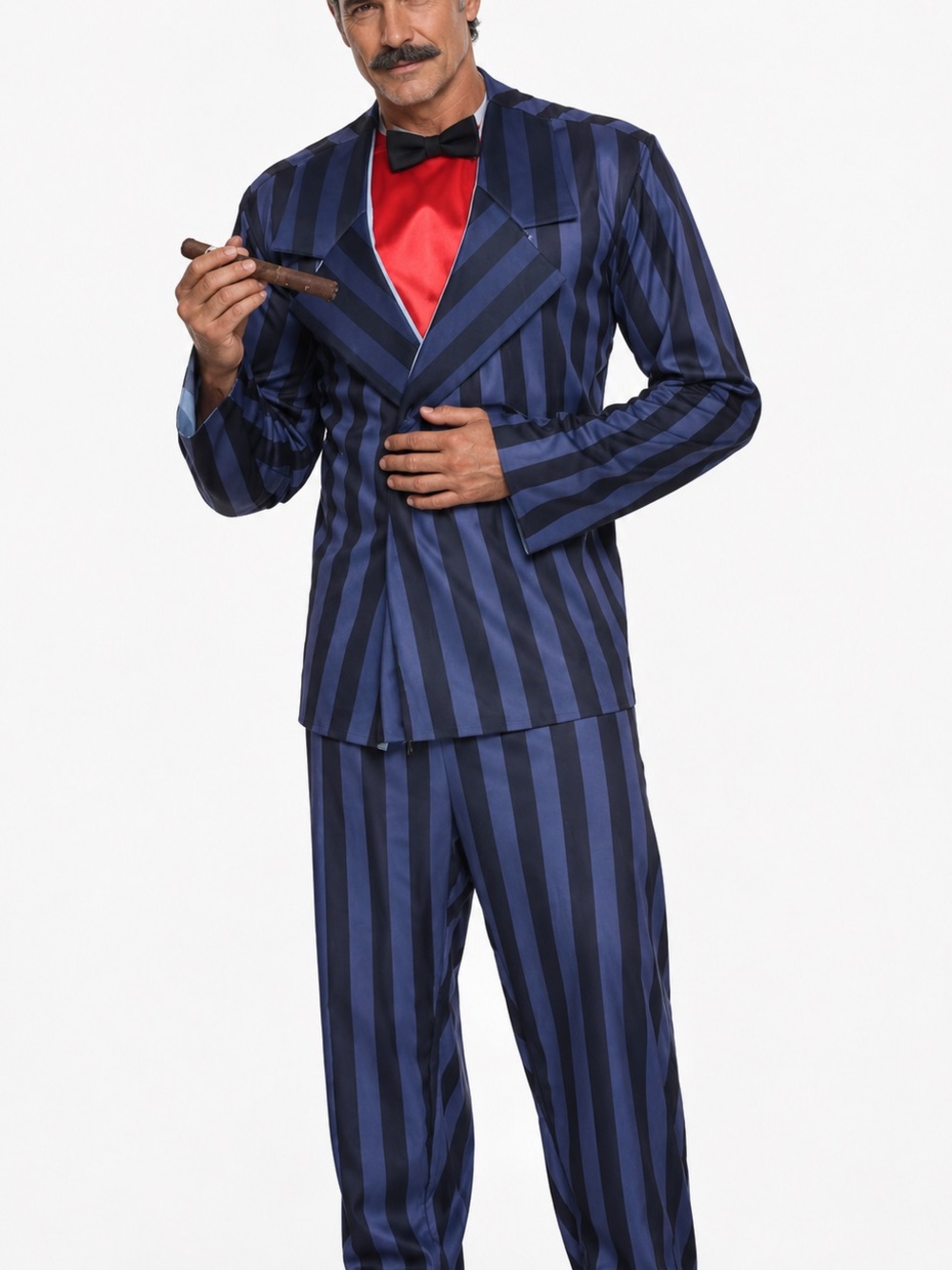 Men's Navy and Black Striped Tuxedo Set with Red Accent